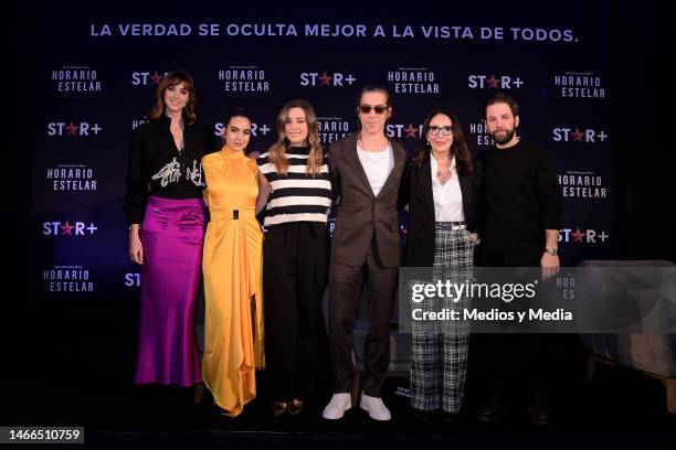 Pamela Almanza, Ela Velden, Domenika Paleta, Óscar Jaenada, Blanca Guerra and Luis Arrieta pose for a photo during a press conference for the series...