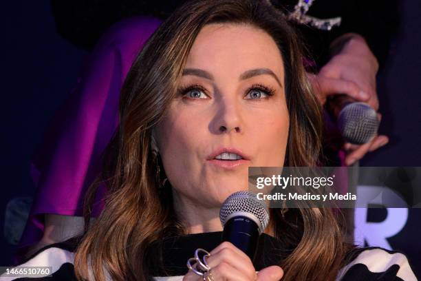 Dominika Paleta speaks during a press conference for the series "Horario Estelar" on Star+ on February 15, 2023 in Mexico City, Mexico.