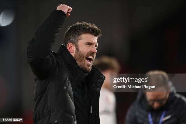 Middlesbrough manager Michael Carrick celebrates after the Sky Bet Championship between Sheffield United and Middlesbrough at Bramall Lane on...