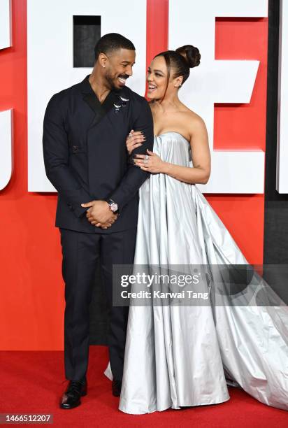 Michael B. Jordan and Tessa Thompson attend the "Creed III" European Premiere at Cineworld Leicester Square on February 15, 2023 in London, England.