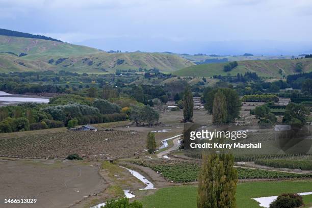 An aerial view looking west along Dartmoore Road, west of Napier on February 16, 2023 in Napier, New Zealand. Cyclone Gabrielle has caused widespread...