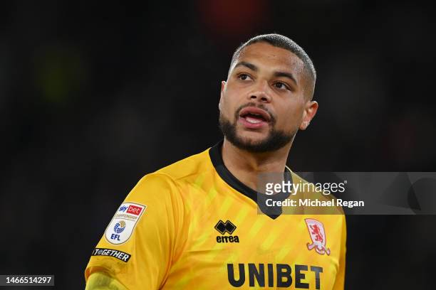 Zack Steffen of Middlesbrough in action during the Sky Bet Championship between Sheffield United and Middlesbrough at Bramall Lane on February 15,...