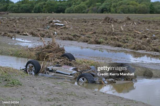 Car is washed into a ditch in Dartmoore Road west of Napier on February 16, 2023 in Napier, New Zealand. Cyclone Gabrielle has caused widespread...