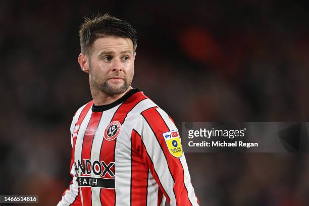 Oliver Norwood of Sheffield United looks on during the Sky Bet Championship between Sheffield United and Middlesbrough at Bramall Lane on February...