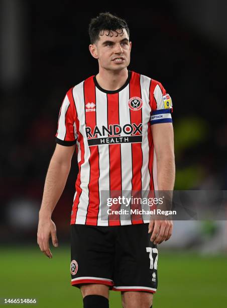 John Egan of Sheffield United looks on during the Sky Bet Championship between Sheffield United and Middlesbrough at Bramall Lane on February 15,...