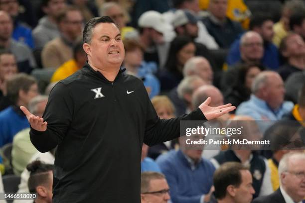 Head coach Sean Miller of the Xavier Musketeers reacts during the first half against the Marquette Golden Eagles at Fiserv Forum on February 15, 2023...