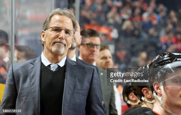 Head Coach of the Philadelphia Flyers John Tortorella watches the play on the ice during the first period against the Edmonton Oilers at the Wells...