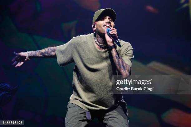 Chris Brown performs at The O2 Arena on February 15, 2023 in London, England.