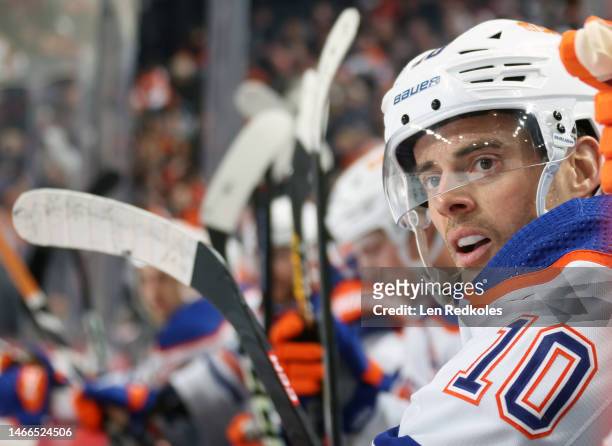 Derek Ryan of the Edmonton Oilers looks on from the bench during the first period against the Philadelphia Flyers at the Wells Fargo Center on...