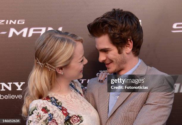 Emma Stone and Andrew Garfield attend the premiere of "The Amazing Spider-Man" at Callao Cinema on June 21, 2012 in Madrid, Spain.
