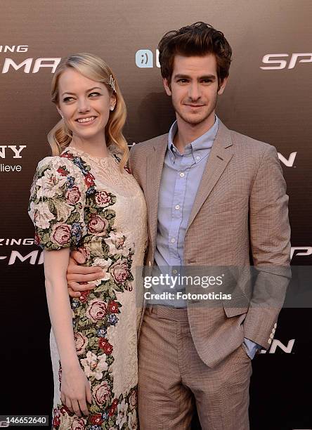 Emma Stone and Andrew Garfield attend the premiere of "The Amazing Spider-Man" at Callao Cinema on June 21, 2012 in Madrid, Spain.