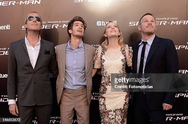 Rhys Ifans, Emma Stone, Andrew Garfield and Marc Webb attend the premiere of "The Amazing Spider-Man" at Callao Cinema on June 21, 2012 in Madrid,...