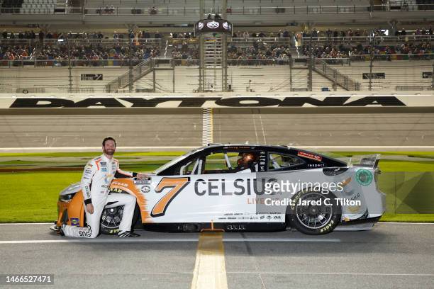Corey LaJoie, driver of the Celsius Chevrolet, poses on the track during qualifying for the Busch Light Pole at Daytona International Speedway on...