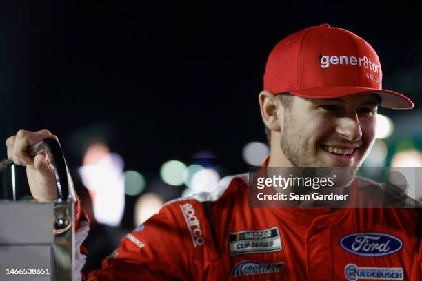 Todd Gilliland, driver of the gener8tor Skills Ford, looks on during qualifying for the Busch Light Pole at Daytona International Speedway on...