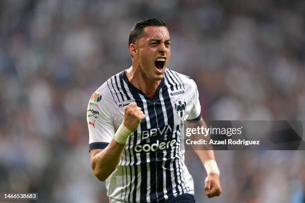 Rogelio Funes Mori of Monterrey celebrates after scoring the team's first goal during the 7th round match between Monterrey and Queretaro as part of...