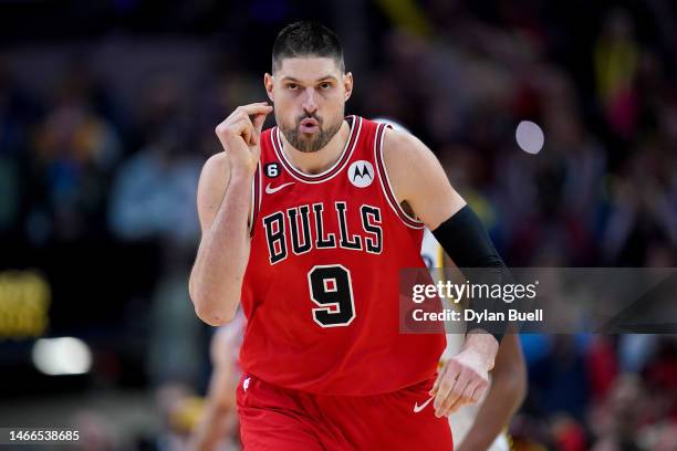 Nikola Vucevic of the Chicago Bulls reacts after making a shot in the fourth quarter against the Indiana Pacers at Gainbridge Fieldhouse on February...