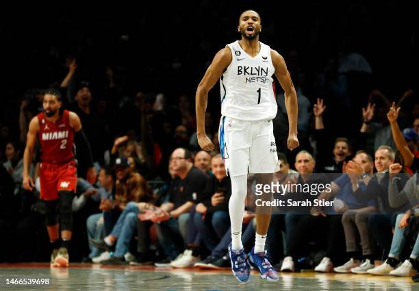 Mikal Bridges of the Brooklyn Nets reacts after making a three-point basket during the second half against the Miami Heat at Barclays Center on...