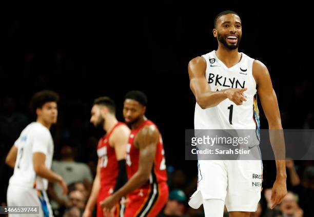 Mikal Bridges of the Brooklyn Nets reacts after scoring during the second half against the Miami Heat at Barclays Center on February 15, 2023 in the...