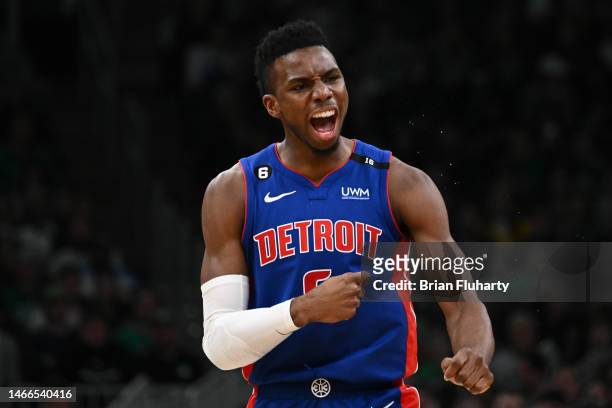 Hamidou Diallo of the Detroit Pistons reacts after scoring against the Boston Celtics during the fourth quarter at the TD Garden on February 15, 2023...