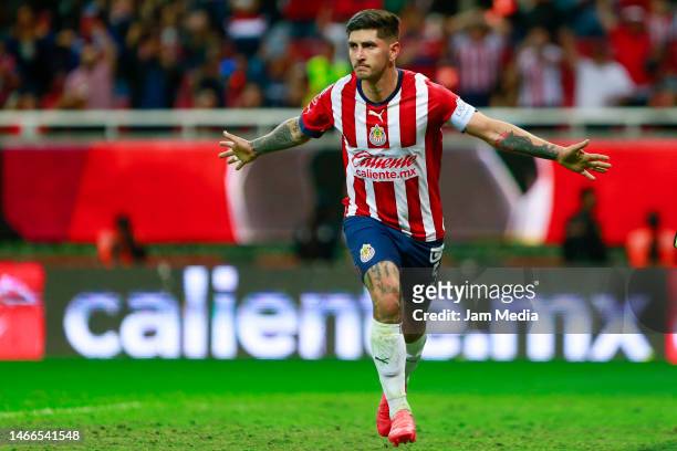 Victor Guzman of Chivas celebrates after scoring the team's second goal during the 7th round match between Chivas and Tijuana as part of the Torneo...