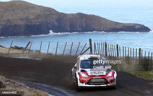 Evgeby Novokov of Russia powers his Ford Fiesta RS through the second stage of the Rally New Zealand, round 7 of the World Rally Championship, in...