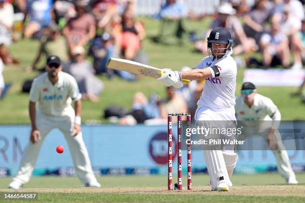 Ben Duckett of England bats during day one of the First Test match in the series between the New Zealand Blackcaps and England at the Bay Oval on...