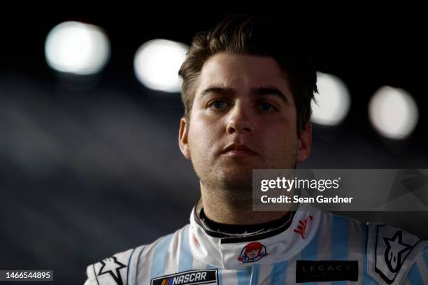 Noah Gragson, driver of the Wendy's Chevrolet, looks on during qualifying for the Busch Light Pole at Daytona International Speedway on February 15,...