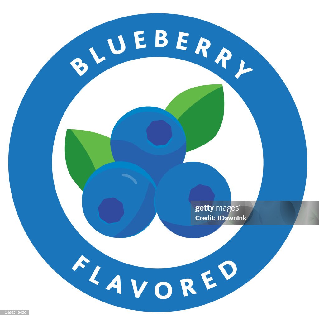 Whole and sliced fresh fruit blueberries with text colorful round label icon