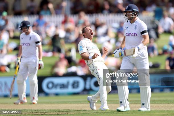 Neil Wagner of New Zealand celebrates his wicket of Joe Root of England during day one of the First Test match in the series between the New Zealand...