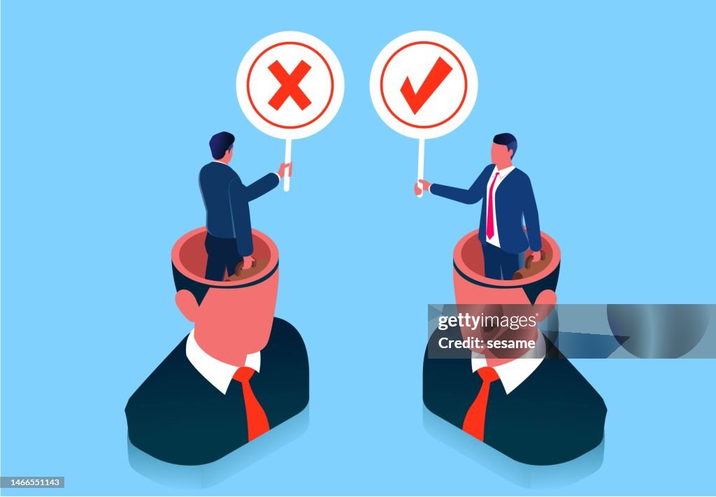 Choices and decisions, thinking and logic, making the right choices and decisions, isometric brain merchants holding placards of check marks and making choices