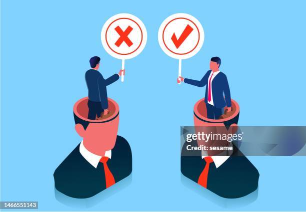 choices and decisions, thinking and logic, making the right choices and decisions, isometric brain merchants holding placards of check marks and making choices - wrong direction stock illustrations