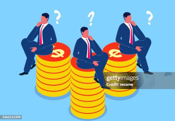 business problems and troubles, money problems, career or business development frustrations, isometric three businessmen sitting on a pile of gold coins contemplating - money question stock illustrations