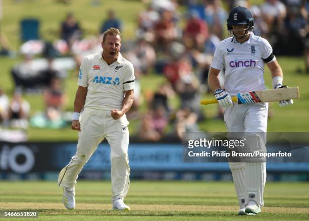 Neil Wagner celebrates after dismissing Joe Root of England during day one of the First Test match in the series between New Zealand and England at...