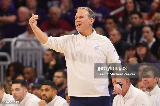 Head coach Chris Collins of the Northwestern Wildcats reacts against the Indiana Hoosiers during the second half at Welsh-Ryan Arena on February 15,...