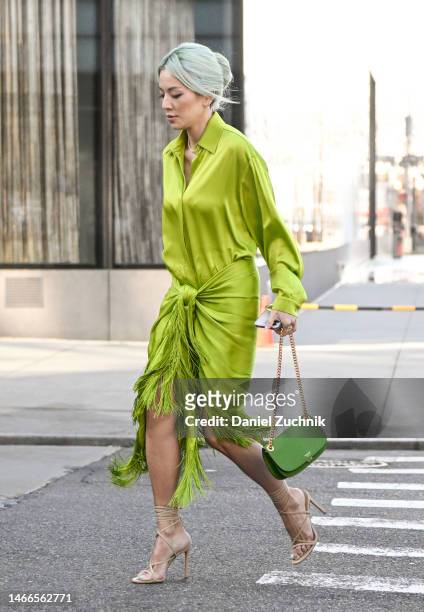 Tina Leung is seen wearing a lime green fringe Michael Kors dress, green and gold chain bag and tan strap heels outside the Michael Kors show during...