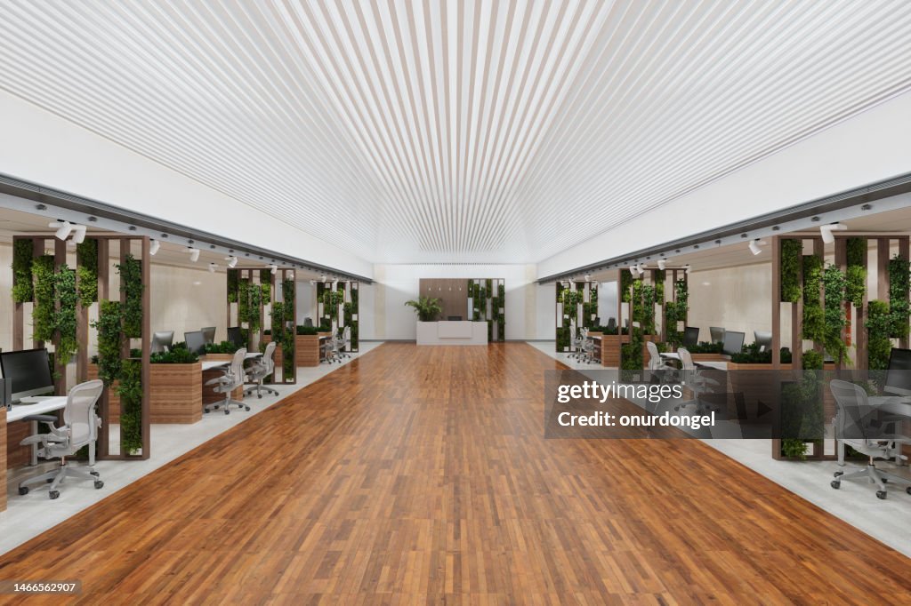Sustainable Green Open Space Office With Tables, Office Chairs, Creeper Plants And Empty Corridor