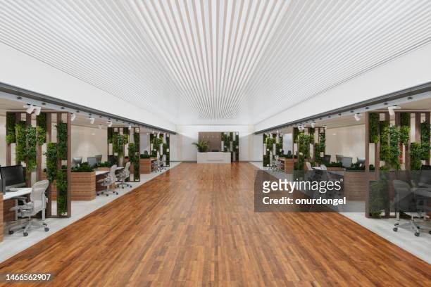 sustainable green open space office with tables, office chairs, creeper plants and empty corridor - hardwood floor stock pictures, royalty-free photos & images