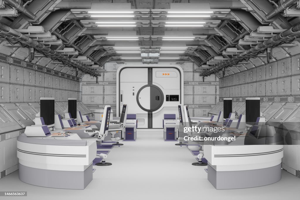 Futuristic Sci-Fi Center Interior With Computers And Fluorescent Lighting