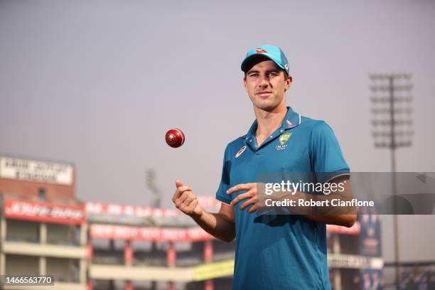 Pat Cummins of Australia poses for a portrait prior to an Australia Test squad training session at Arun Jaitley Stadium on February 16, 2023 in...