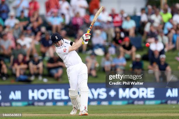 Harry Brook of England bats during day one of the First Test match in the series between the New Zealand Blackcaps and England at the Bay Oval on...