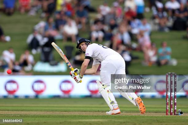 Harry Brook of England bats during day one of the First Test match in the series between the New Zealand Blackcaps and England at the Bay Oval on...