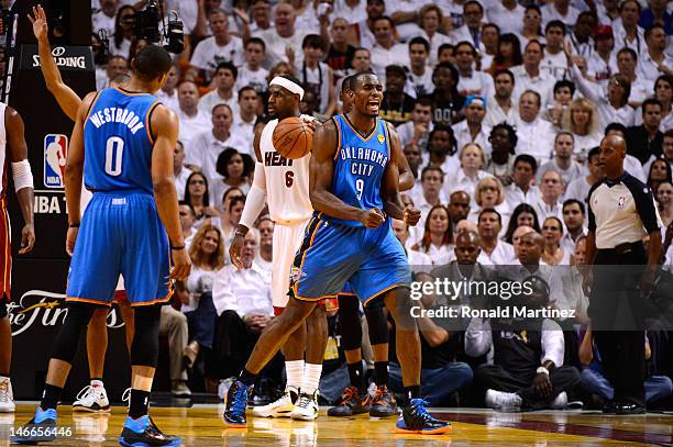 Serge Ibaka of the Oklahoma City Thunder reacts in the first half against the Miami Heat in Game Five of the 2012 NBA Finals on June 21, 2012 at...