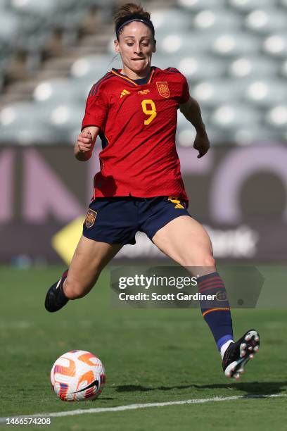 Gonzalez Rodriguez of Spain with the ball during the Cup of Nations match between Spain and Jamaica at Industree Group Stadium on February 16, 2023...