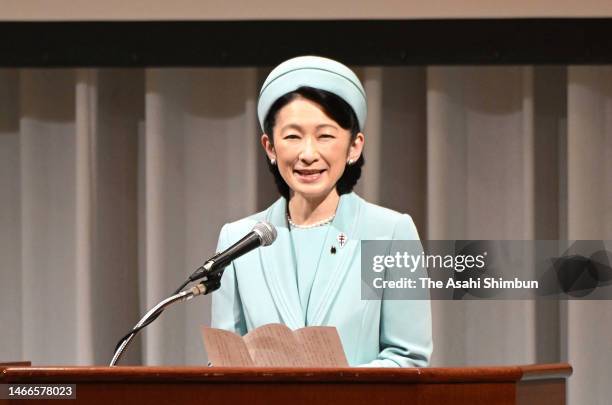 Crown Princess Kiko of Akishino makes remarks during the Japan Anti-Tuberculosis Association meeting on February 15, 2023 in Kumamoto, Japan.