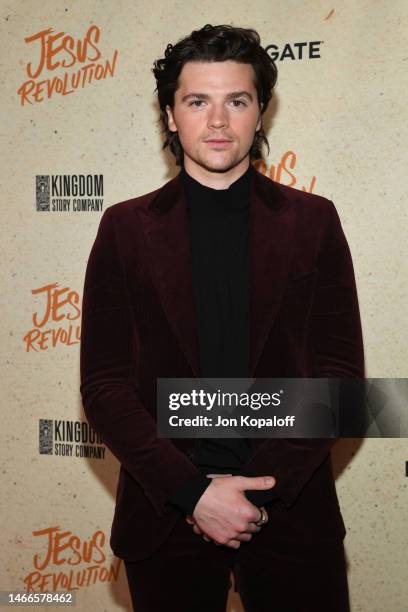 Joel Courtney attends "Jesus Revolution" Los Angeles Premiere at TCL Chinese 6 Theatres on February 15, 2023 in Hollywood, California.