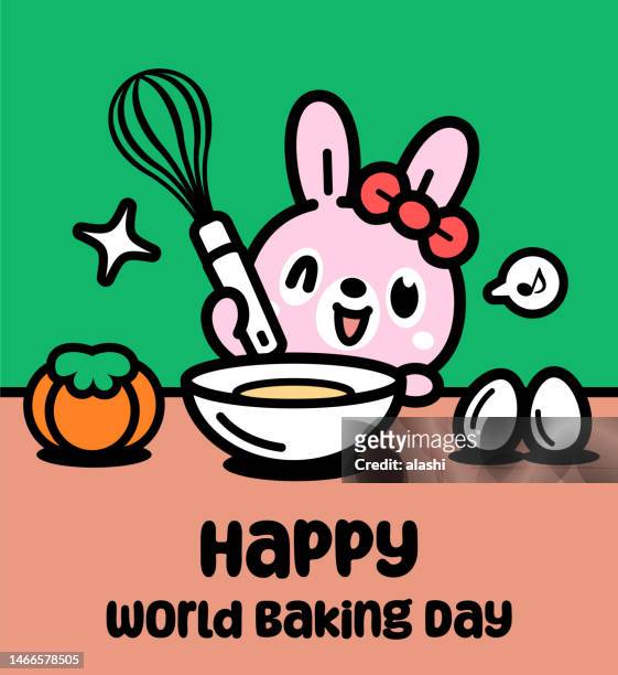 a cute bunny chef holding an egg beater and enjoying baking - easter cake stock illustrations