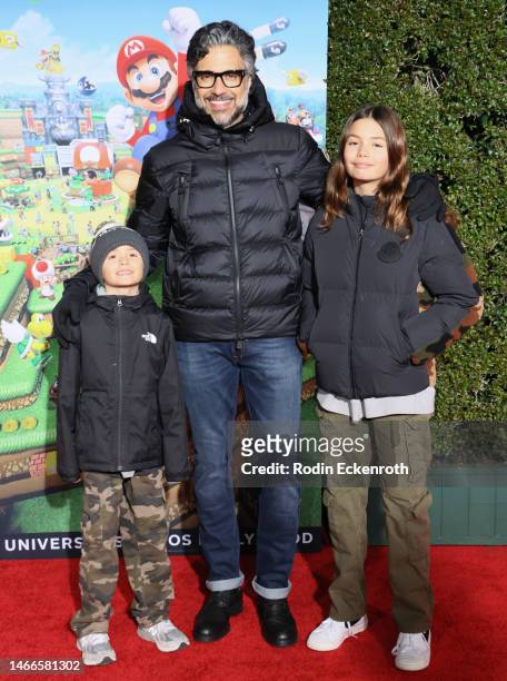 Jaime Camil III, Jaime Camil, and Elena Camil attend the "SUPER NINTENDO WORLD" welcome celebration at Universal Studios Hollywood on February 15,...