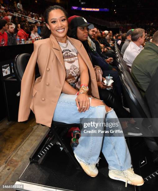 Actress Crystal Hayslett attends the game between the New York Knicks and the Atlanta Hawks at State Farm Arena on February 15, 2023 in Atlanta,...