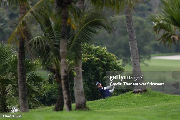 David Ravetto of France plays their second shot on the 18th hole during Day One of the Thailand Classic at Amata Spring Country Club on February 16,...