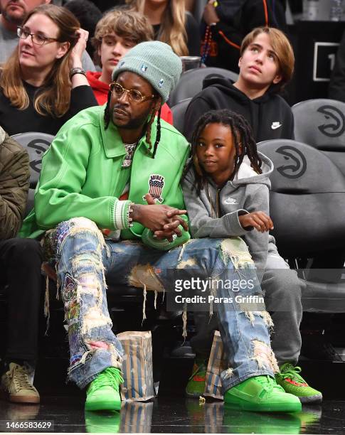 Rapper 2 Chainz and Halo Epps attend the game between the New York Knicks and the Atlanta Hawks at State Farm Arena on February 15, 2023 in Atlanta,...